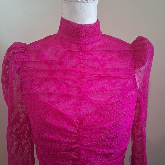 Saylor Fuchsia Pink Marcey Lace Ruched Mini Dress Small NWT - Picture 8 of 11